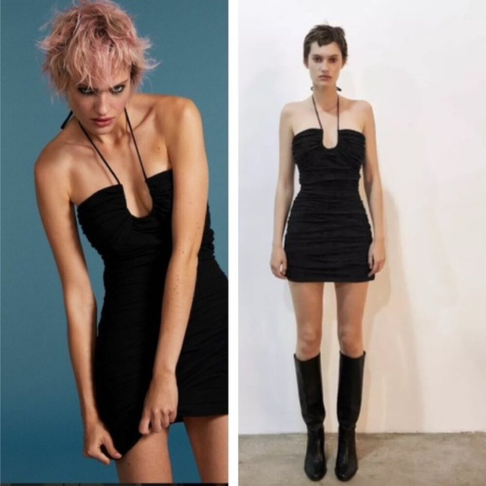 Zara NEW Ruched Draped Halter Mini Dress LBD Sexy Bustier Gusset Formal Lined L